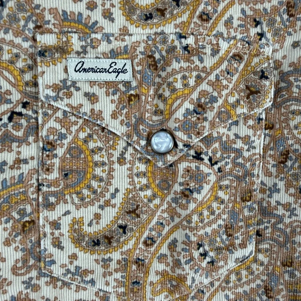 American Eagle Shirt Mens L Tan Paisley Corduroy Vintage Western Pearl Snap - Picture 9 of 11